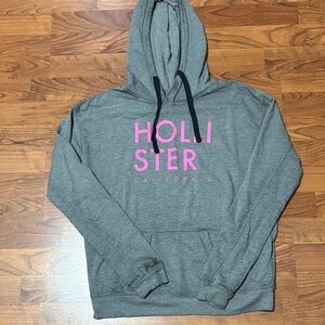 Hollister Heather Gray Hoodie with Pink Text
